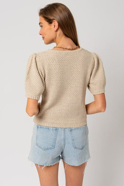 Gilli Puff Sleeve Round Neck Texture Sweater Top us.meeeshop - 