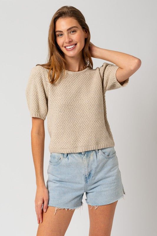 Gilli Puff Sleeve Round Neck Texture Sweater Top us.meeeshop - 