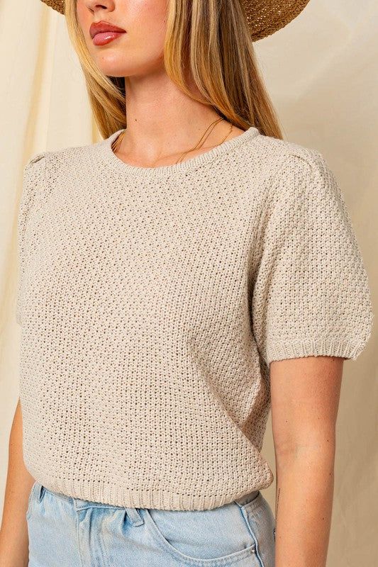 Gilli Puff Sleeve Round Neck Texture Sweater Top us.meeeshop - 