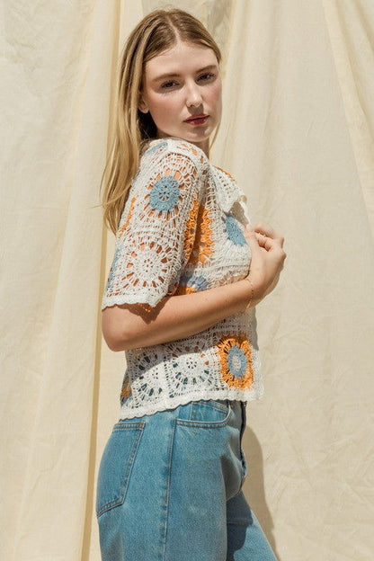 Gilli Short Sleeve Button Front Crochet Top us.meeeshop - 