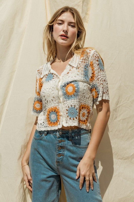 Gilli Short Sleeve Button Front Crochet Top us.meeeshop - Shirts & Tops