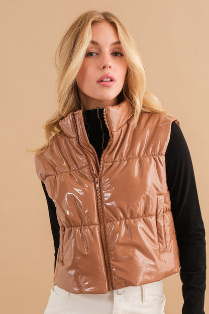 Gloss Shiny PU Quilted Puffer Zip Up Crop Vest | us.meeeshop