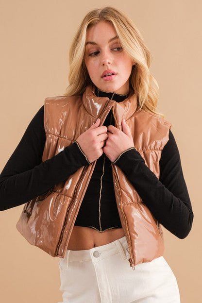 Gloss Shiny PU Quilted Puffer Zip Up Crop Vest | us.meeeshop