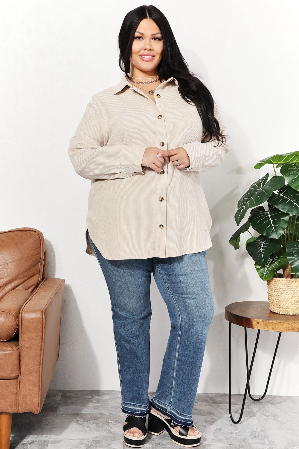 HEYSON Full Size Oversized Corduroy Button-Down Tunic Shirt with Bust Pocket | us.meeeshop