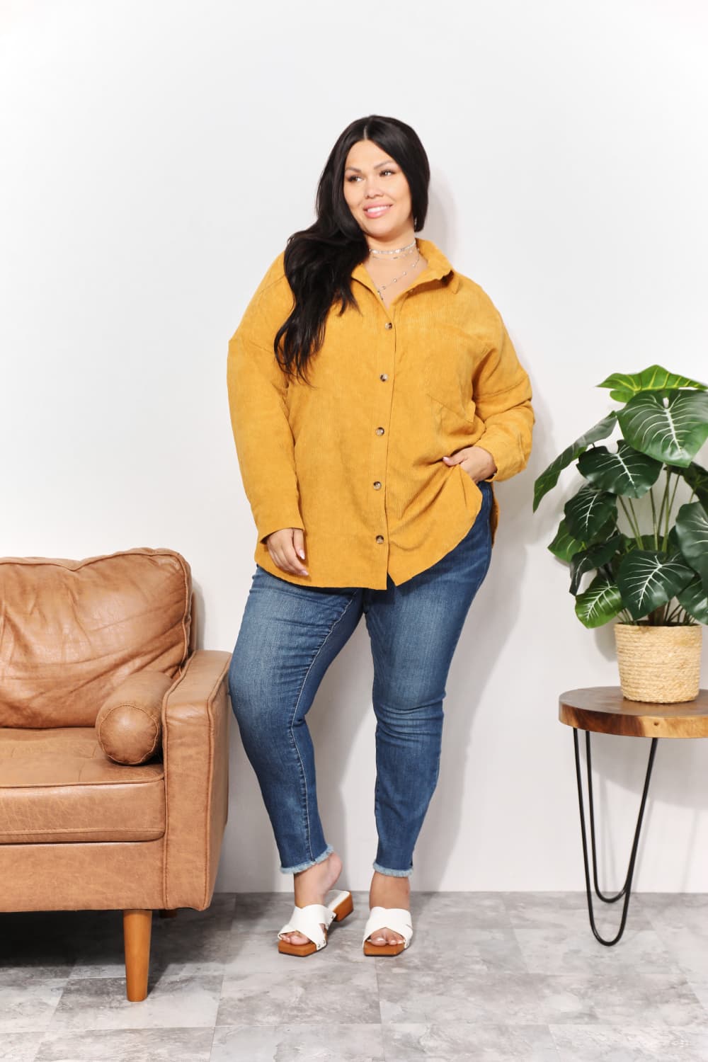 HEYSON Full Size Oversized Corduroy Button-Down Tunic Shirt with Bust Pocket | us.meeeshop