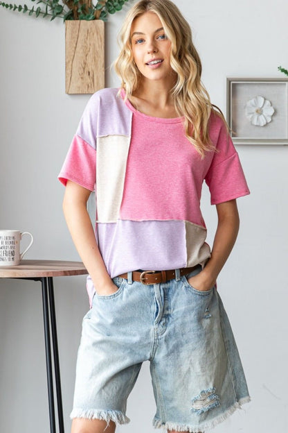 HOPELY Full Size Color Block Exposed Seam T-Shirt - us.meeeshop