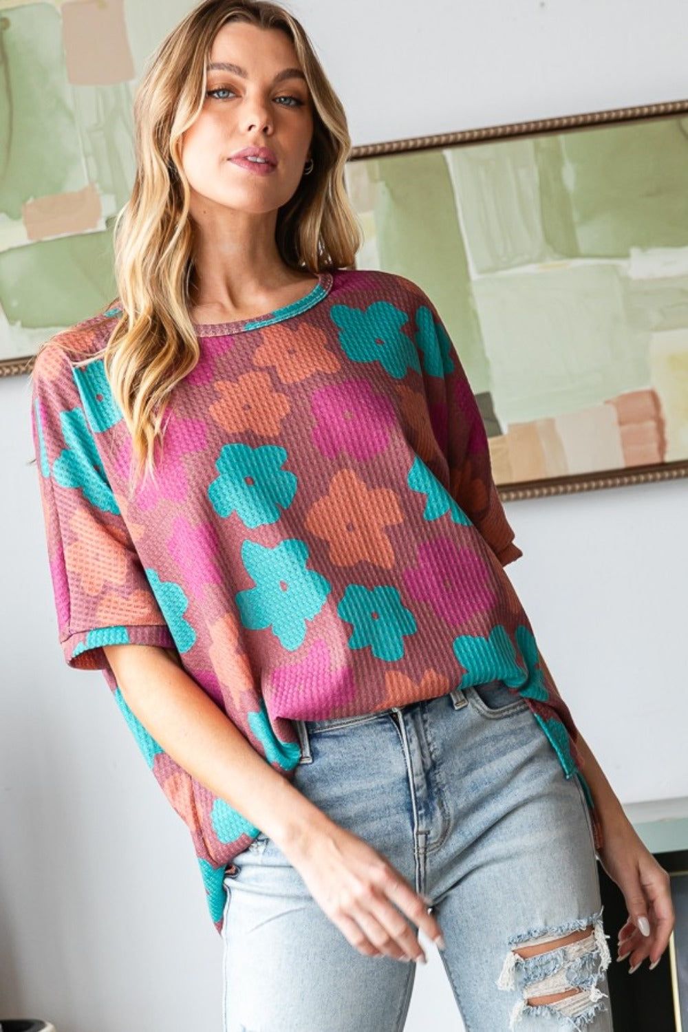 HOPELY Full Size Floral Round Neck Side Slit T-Shirt - us.meeeshop