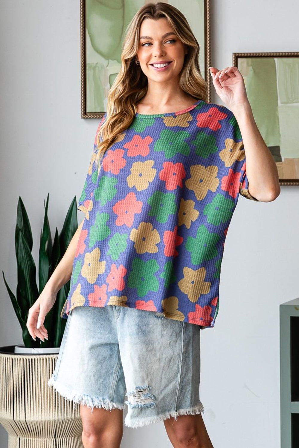 HOPELY Full Size Floral Round Neck Side Slit T-Shirt - us.meeeshop
