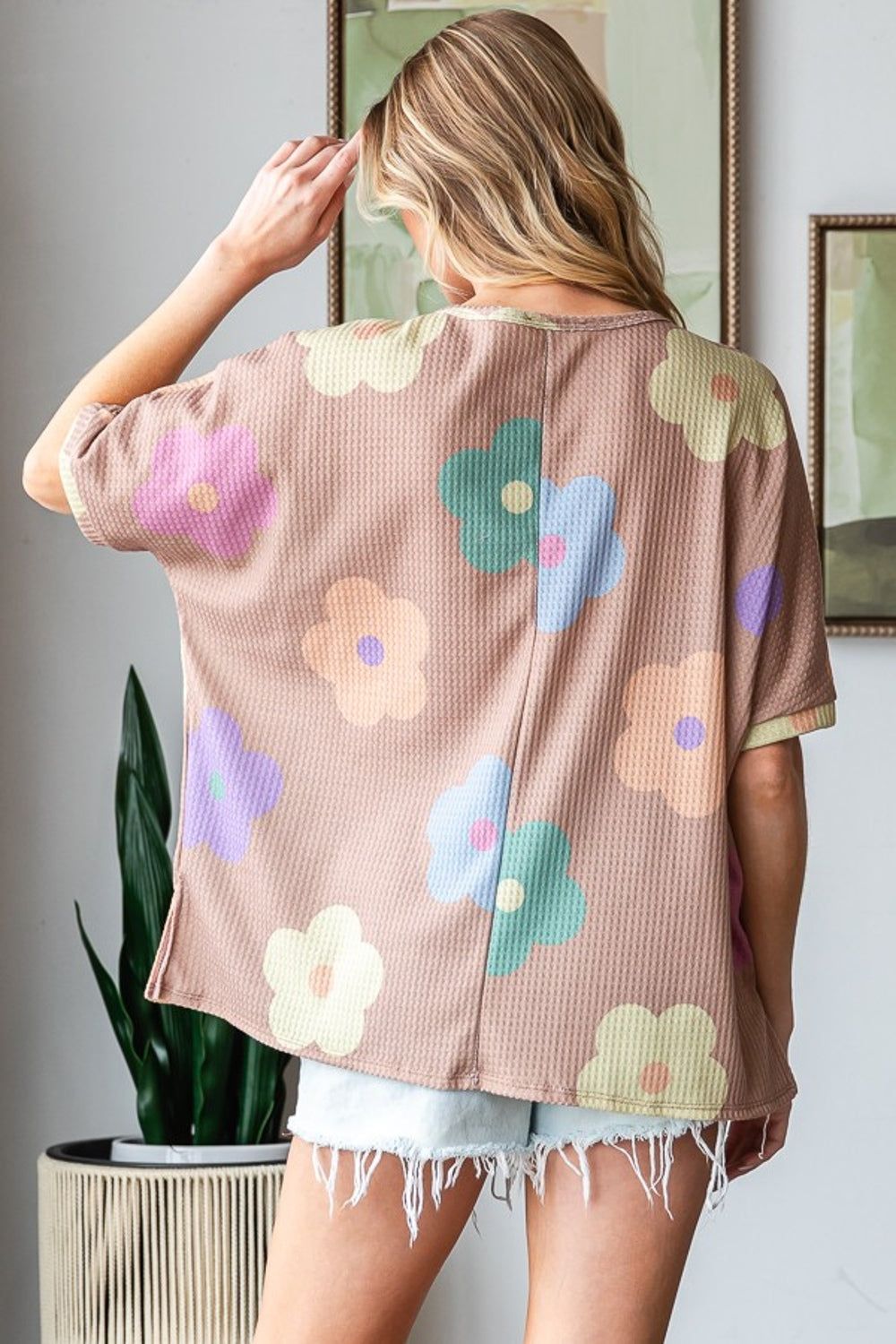 HOPELY Full Size Floral Round Neck Side Slit Waffle T-Shirt - us.meeeshop