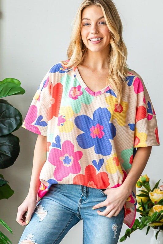 HOPELY Full Size Floral V-Neck Side Slit T-Shirt - us.meeeshop