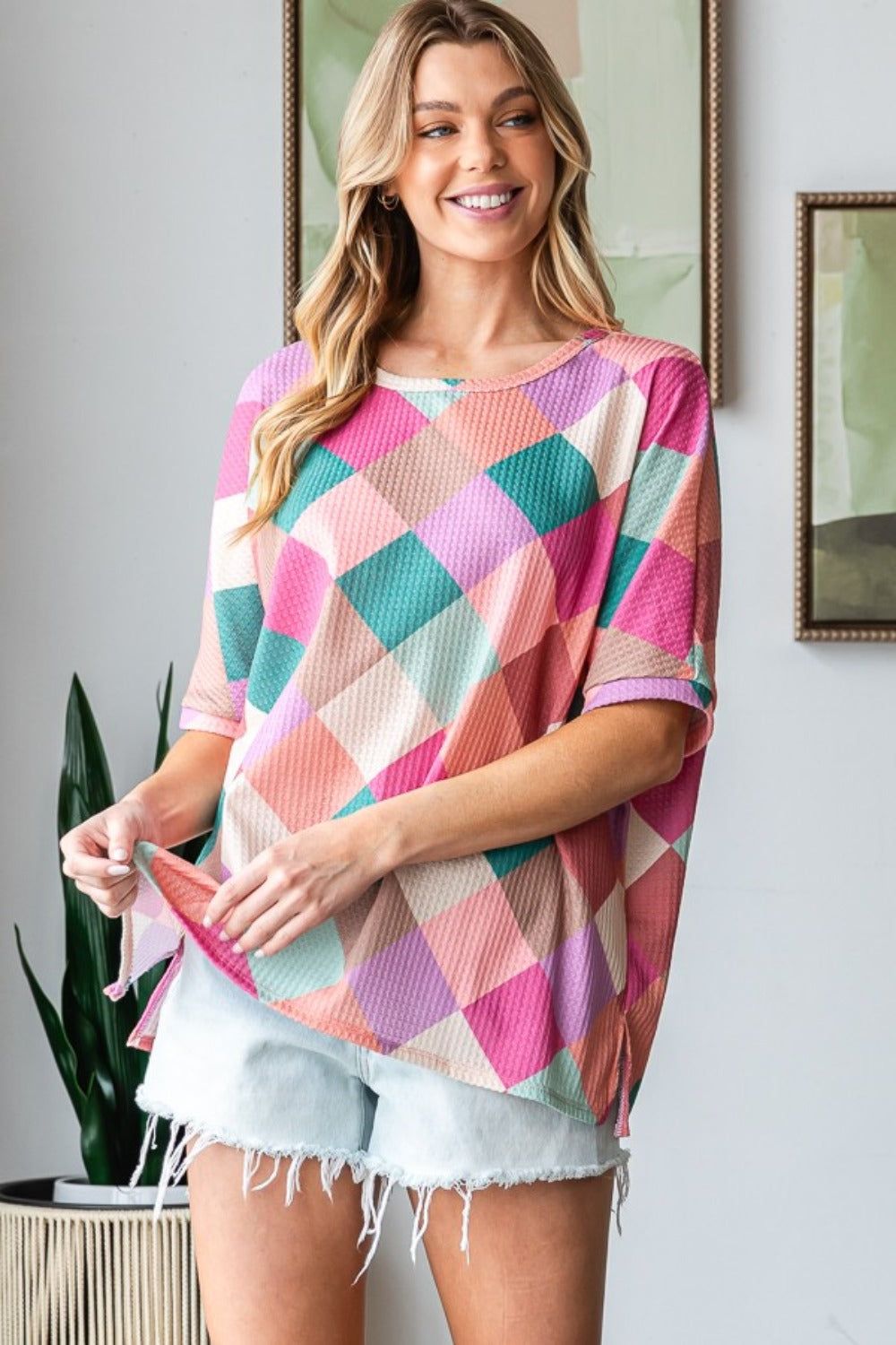 HOPELY Full Size Multi Colored Argyle Side Slit T-Shirt - us.meeeshop