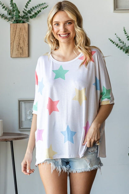 HOPELY Full Size Multi Colored Star Print T-Shirt - us.meeeshop