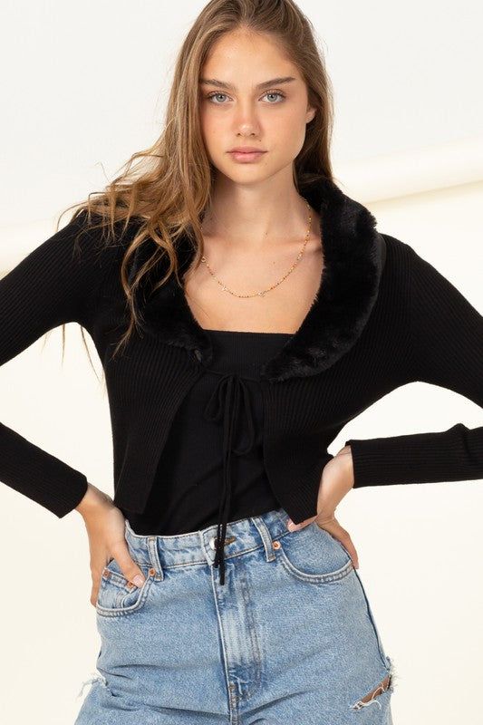 HYFVE | Miss Mesmerize Fur Trim Tie Front Ribbed Cardigan - us.meeeshop