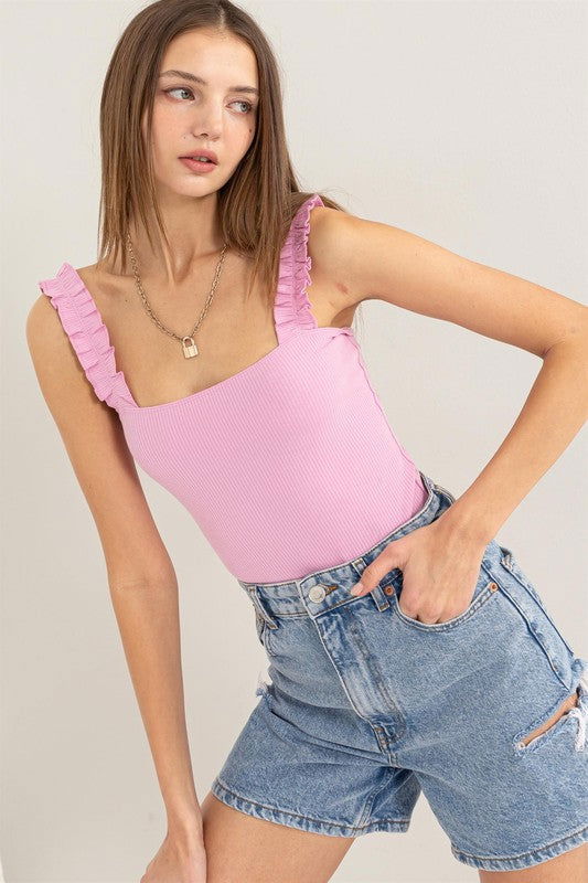 HYFVE Ribbed Ruffle Strap Bodysuit us.meeeshop - Shirts & Tops