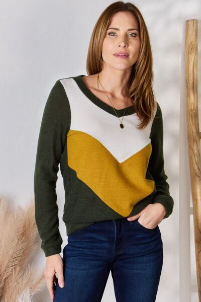 Hailey & Co Colorblock V-Neck Blouse In Olive us.meeeshop - Shirts & Tops