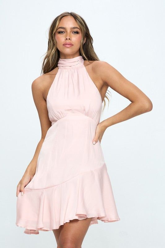 Halter Neck Satin Mini Dress - us.meeeshop