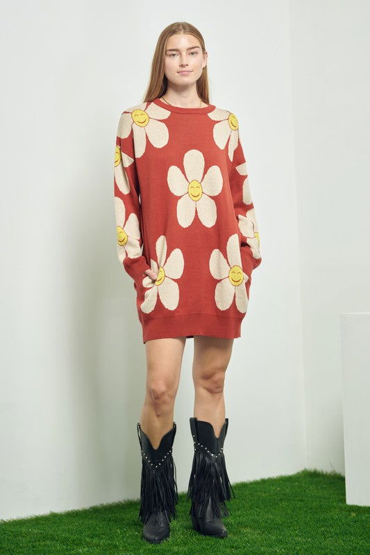 Happy Face Floral Print Knit Sweater us.meeeshop - 