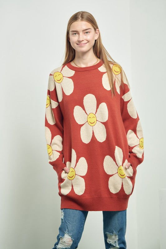 Happy Face Floral Print Knit Sweater us.meeeshop - Dresses