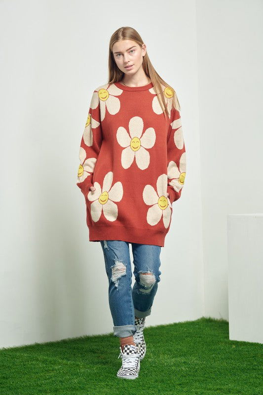 Happy Face Floral Print Knit Sweater us.meeeshop - 