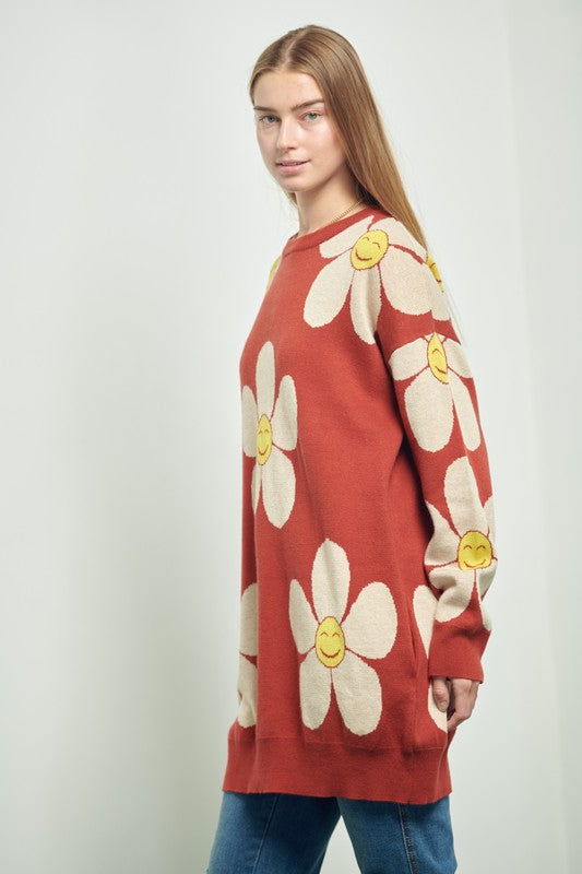 Happy Face Floral Print Knit Sweater us.meeeshop - 