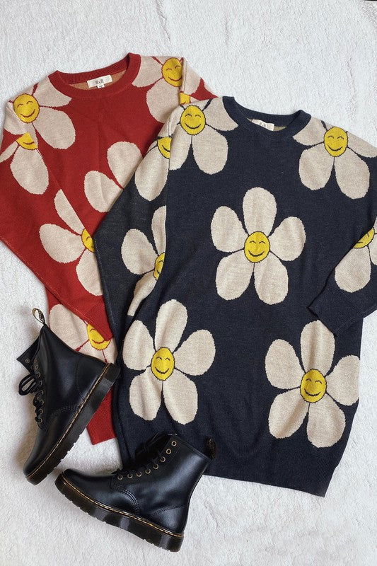 Happy Face Floral Print Knit Sweater us.meeeshop - 