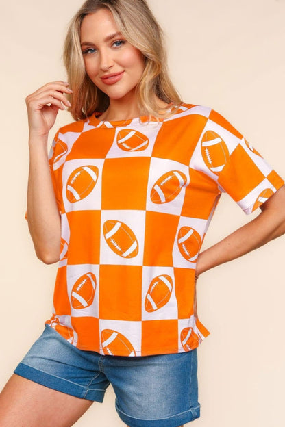 Haptics Football Checkered Print Short Sleeve T-Shirt us.meeeshop - Shirts & Tops