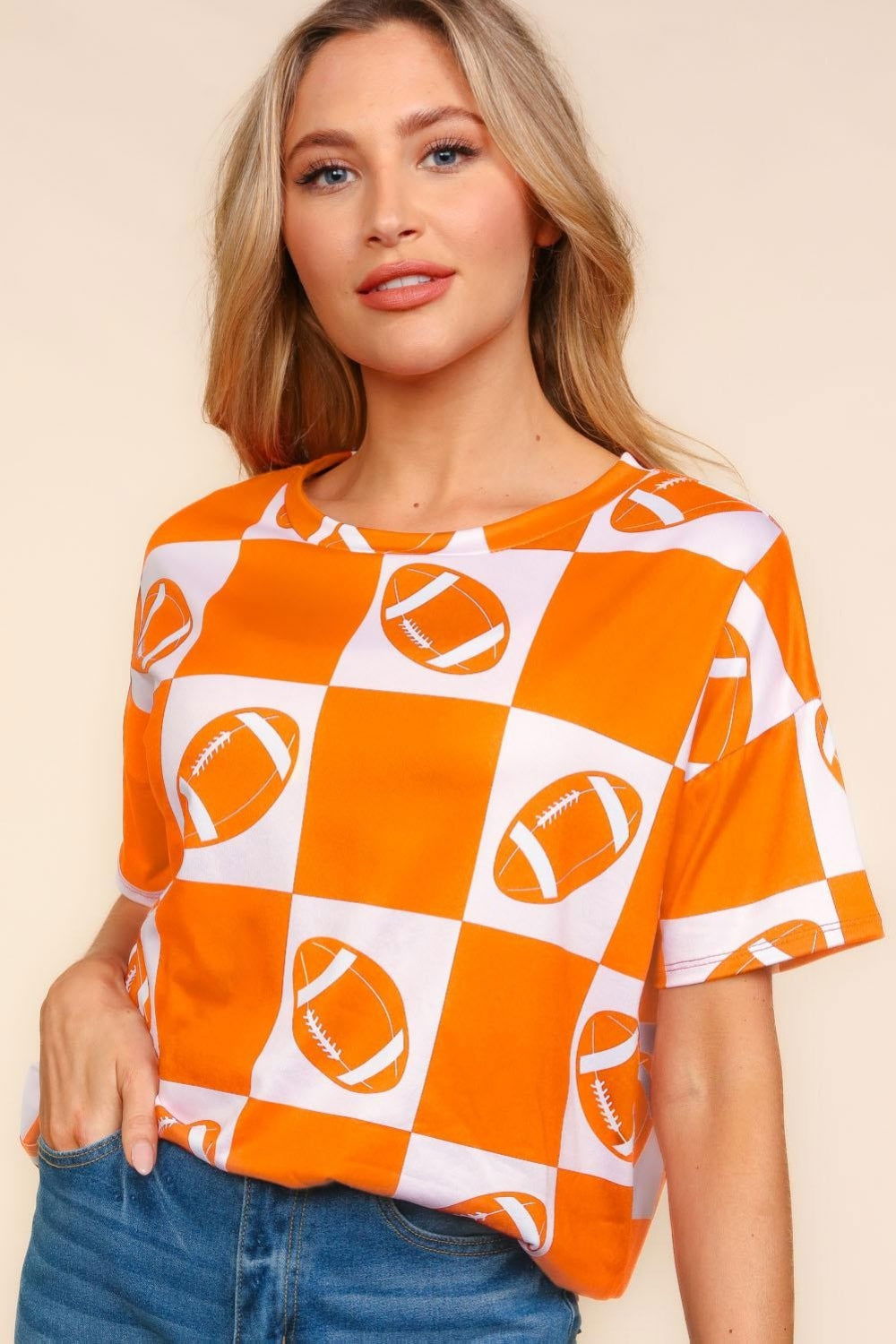 Haptics Football Checkered Print Short Sleeve T-Shirt us.meeeshop - 