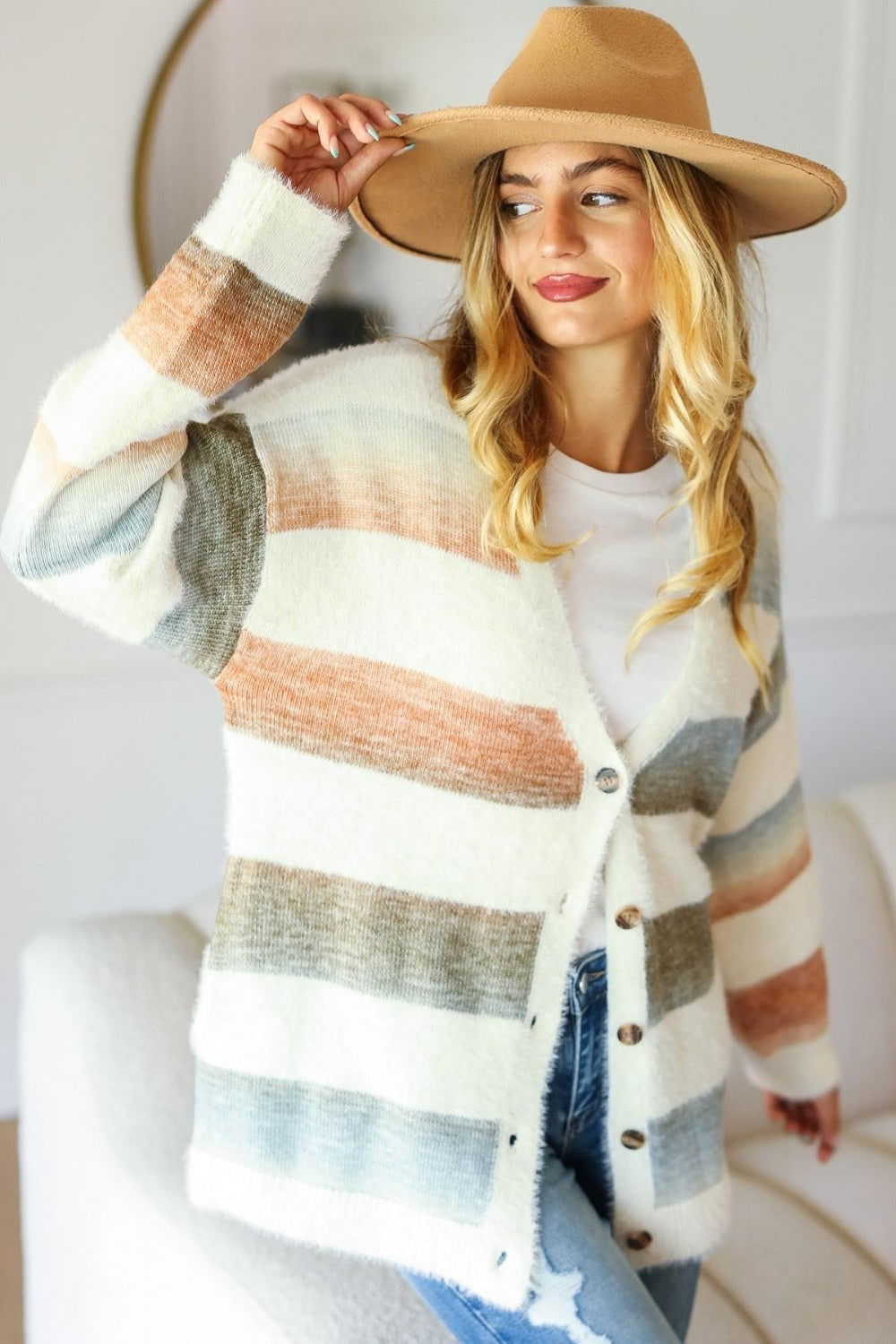 Haptics Full Size Button Down Stripe Soft Fuzzy Sweater Cardigan us.meeeshop - Shirts & Tops