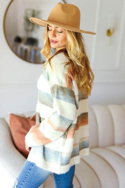 Haptics Full Size Button Down Stripe Soft Fuzzy Sweater Cardigan us.meeeshop - 