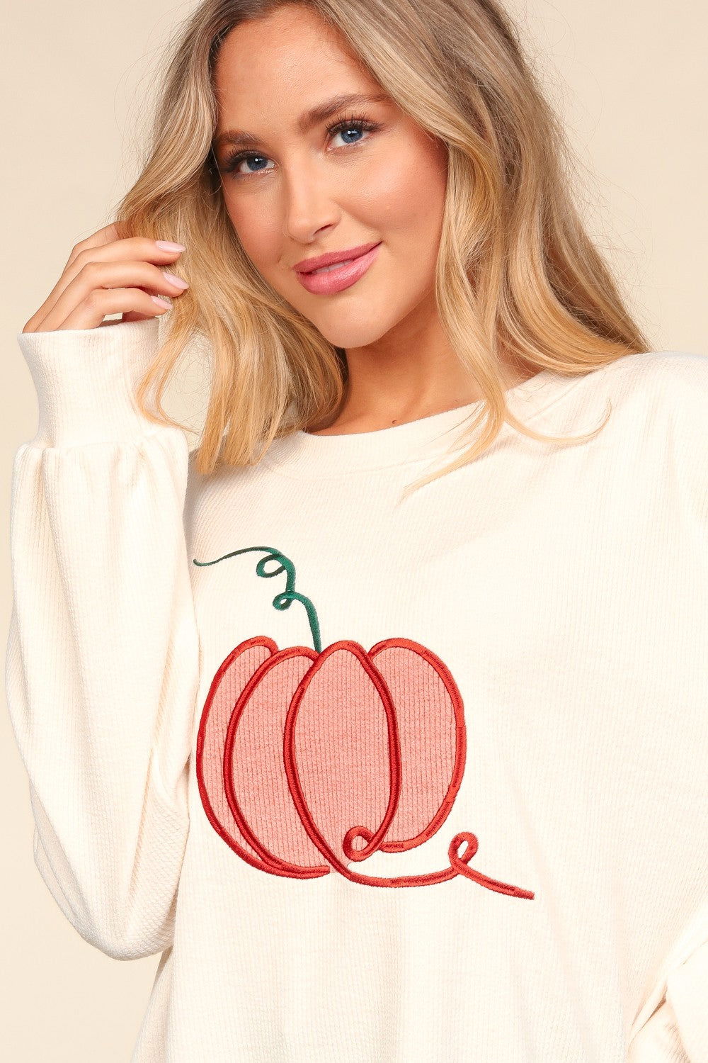 Haptics Full Size Embroidery Pumpkin Long Sleeve Knit Top us.meeeshop - 