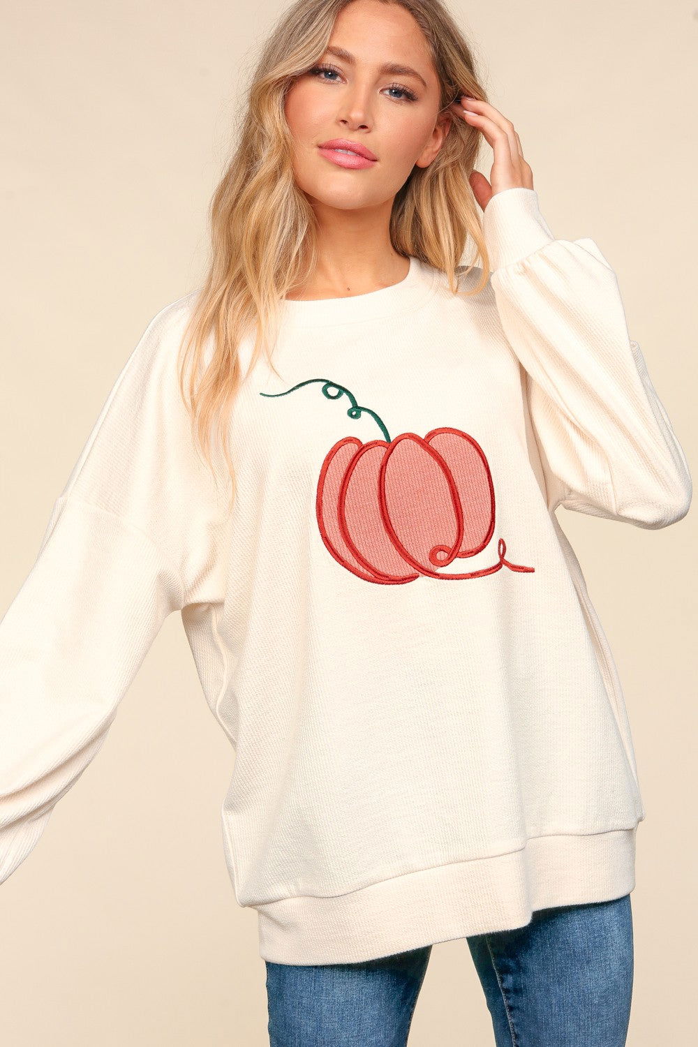 Haptics Full Size Embroidery Pumpkin Long Sleeve Knit Top us.meeeshop - 