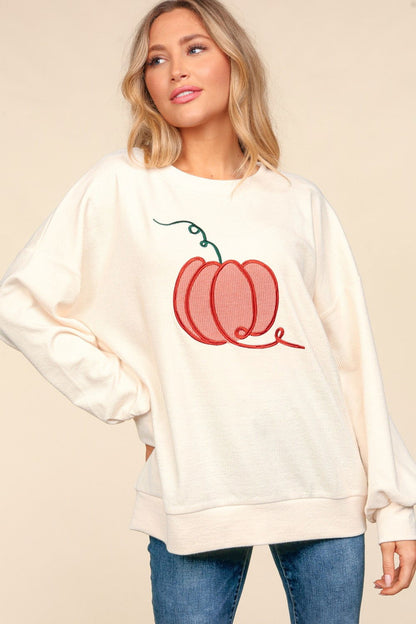 Haptics Full Size Embroidery Pumpkin Long Sleeve Knit Top us.meeeshop - 