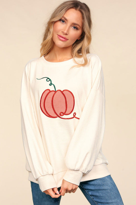 Haptics Full Size Embroidery Pumpkin Long Sleeve Knit Top us.meeeshop - Shirts & Tops