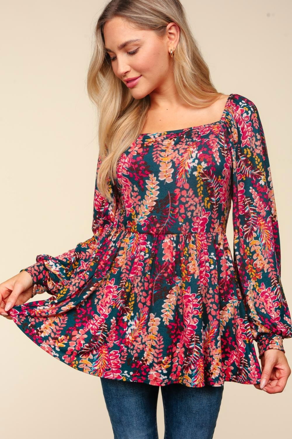 Haptics Full Size Peplum Floral Square Neck Blouse us.meeeshop - 