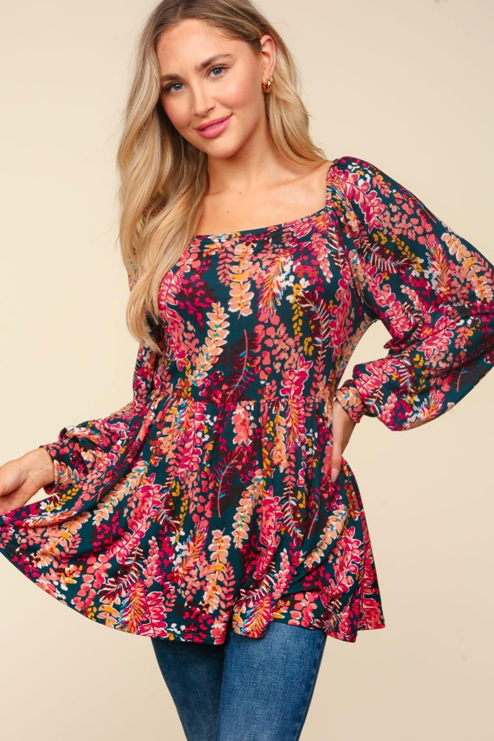 Haptics Full Size Peplum Floral Square Neck Blouse us.meeeshop - Shirts & Tops