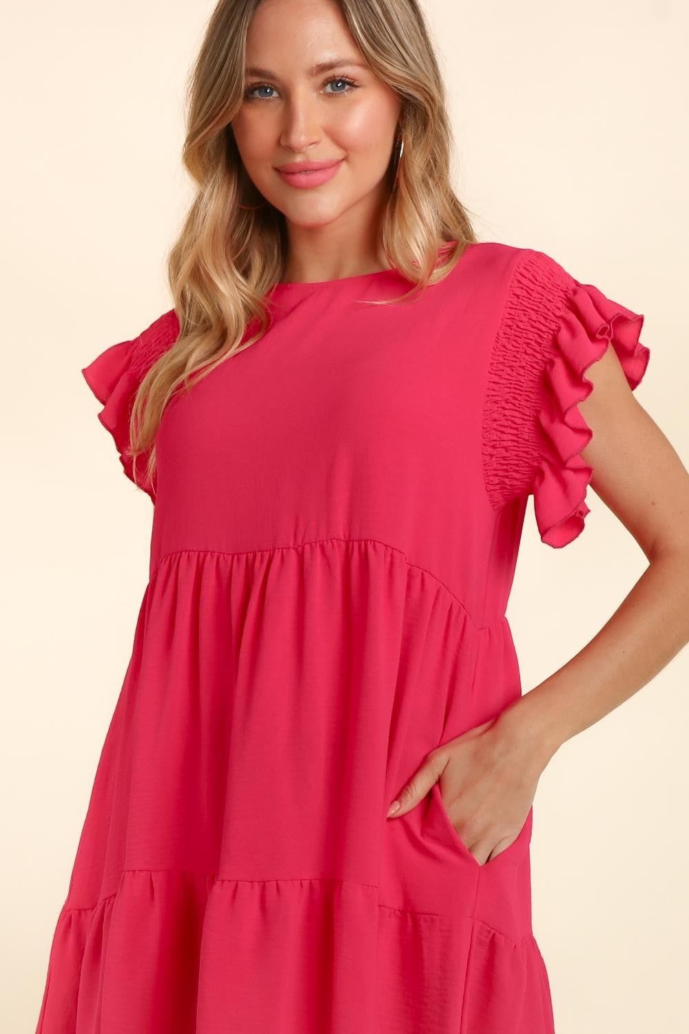 Haptics Full Size Smocking Ruffle Short Sleeve Dress with Pockets us.meeeshop - 