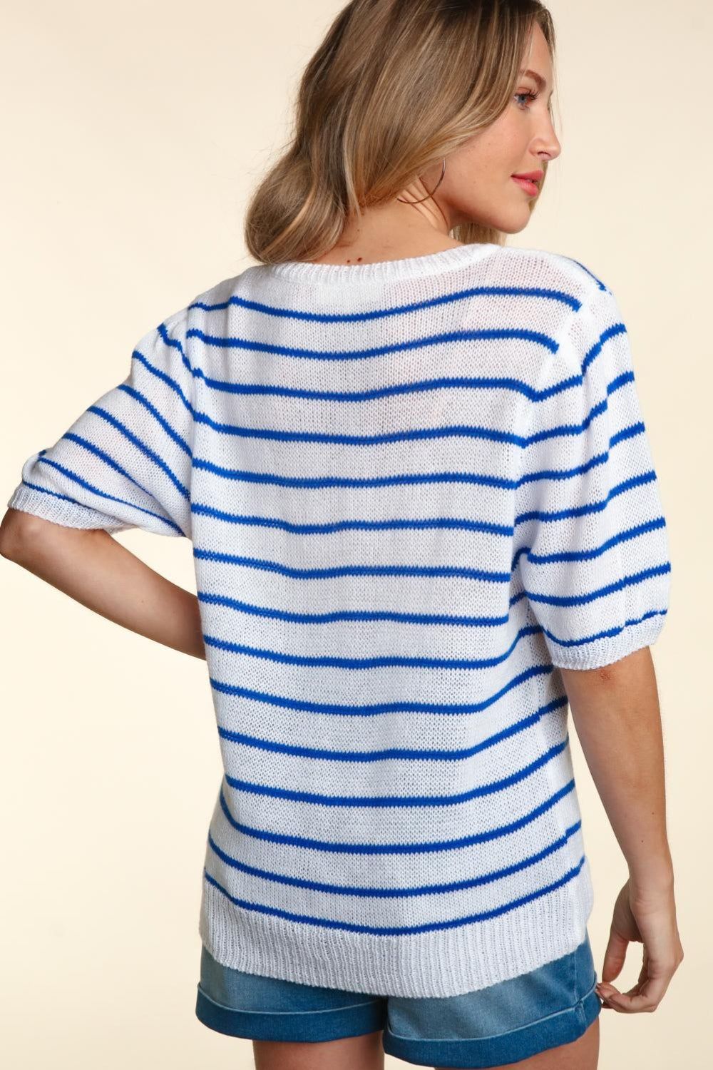 Haptics Letter Embroidery Striped Knit Top us.meeeshop - 