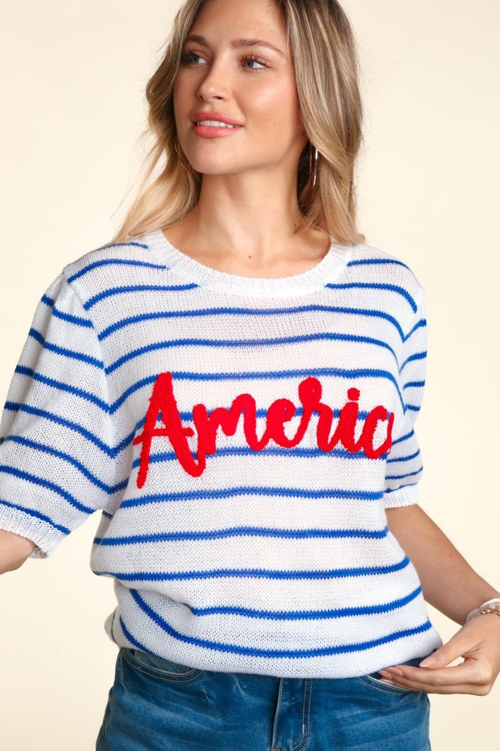 Haptics Letter Embroidery Striped Knit Top us.meeeshop - 