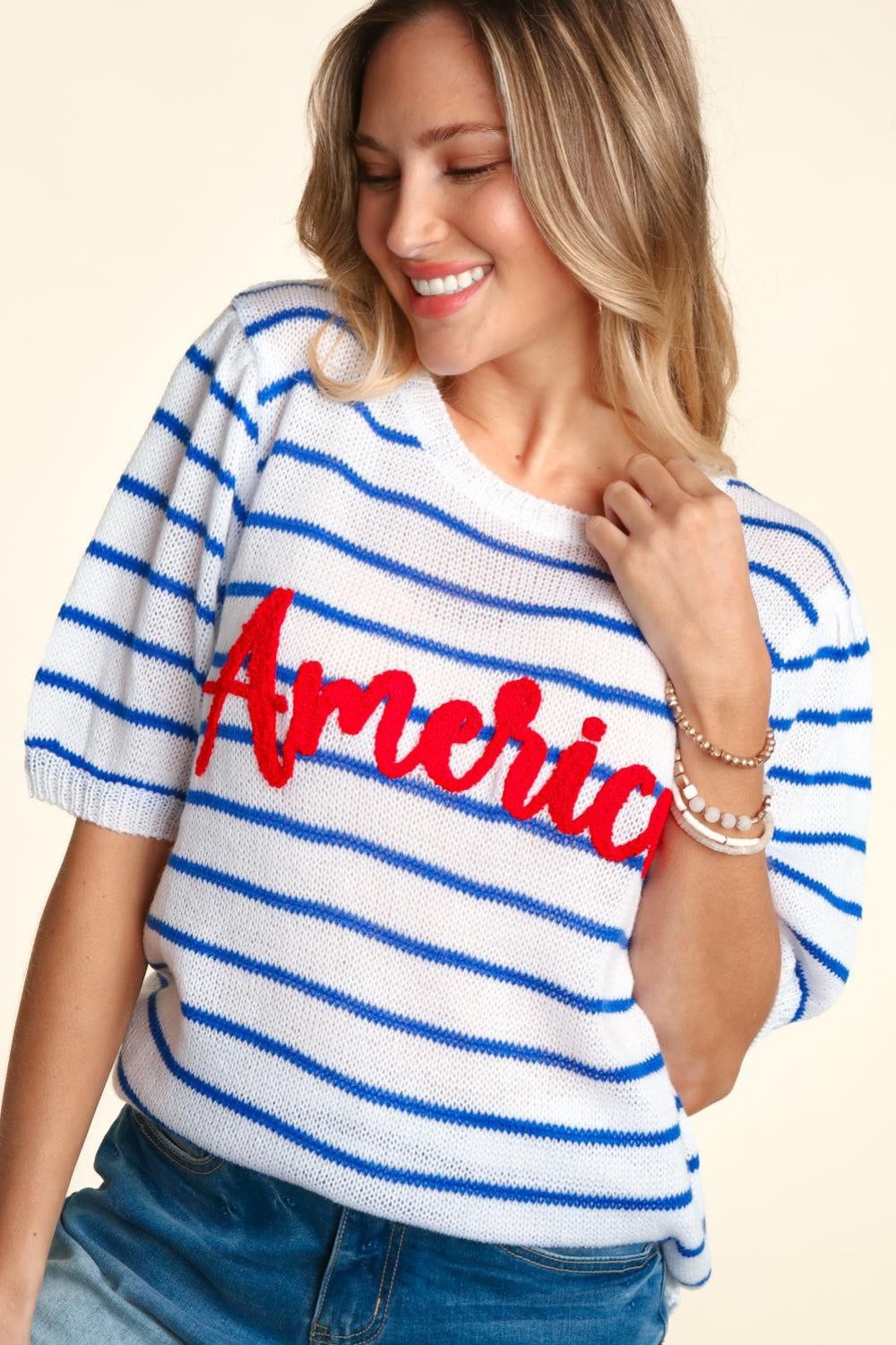 Haptics Letter Embroidery Striped Knit Top us.meeeshop - 