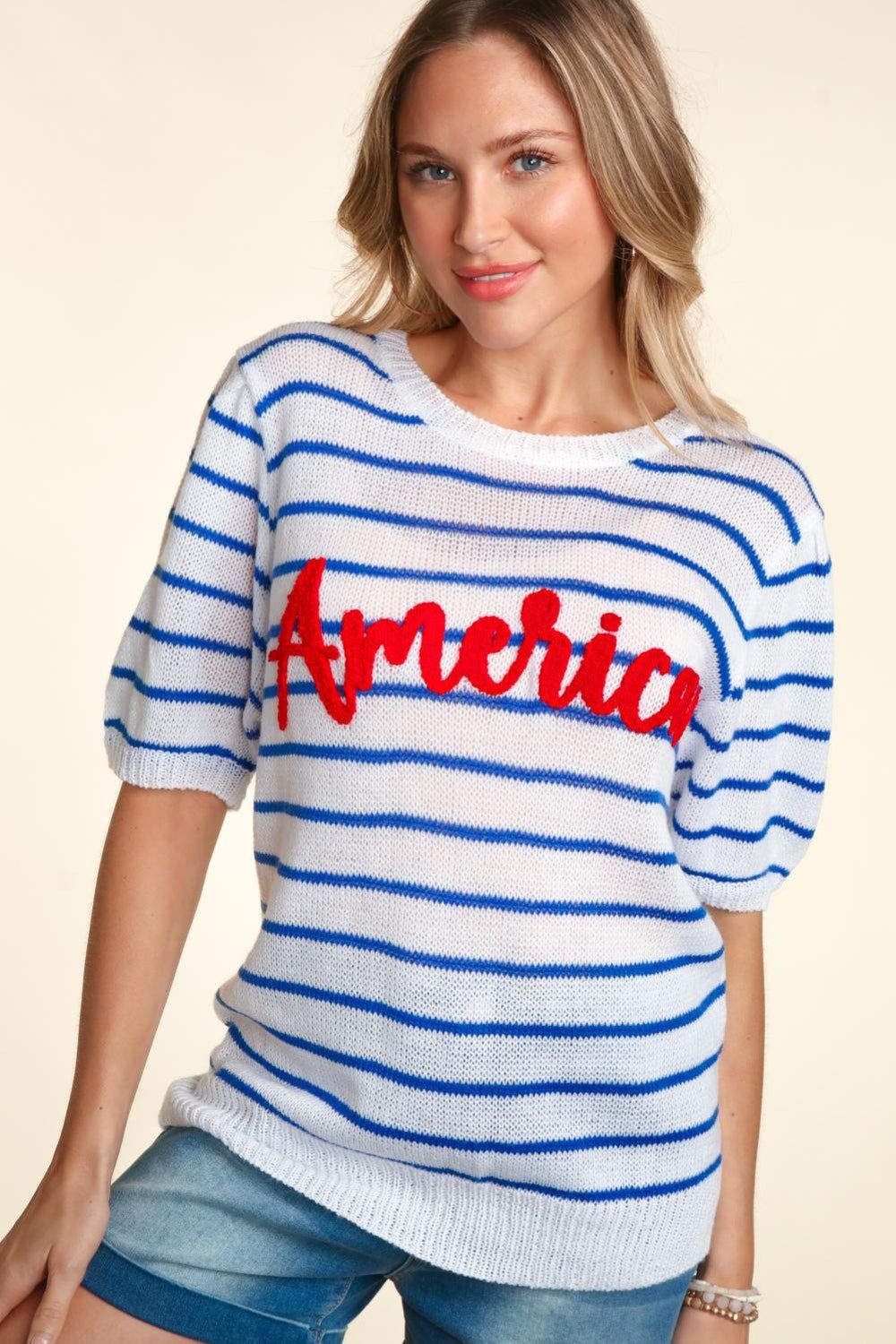 Haptics Letter Embroidery Striped Knit Top us.meeeshop - Shirts & Tops