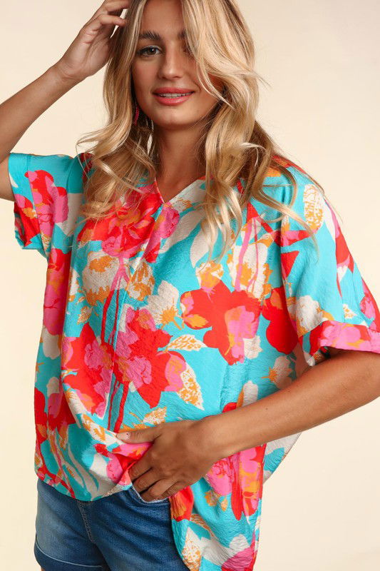 Haptics Plus Drop Shoulder Dolman Banded Floral Woven Top us.meeeshop - 