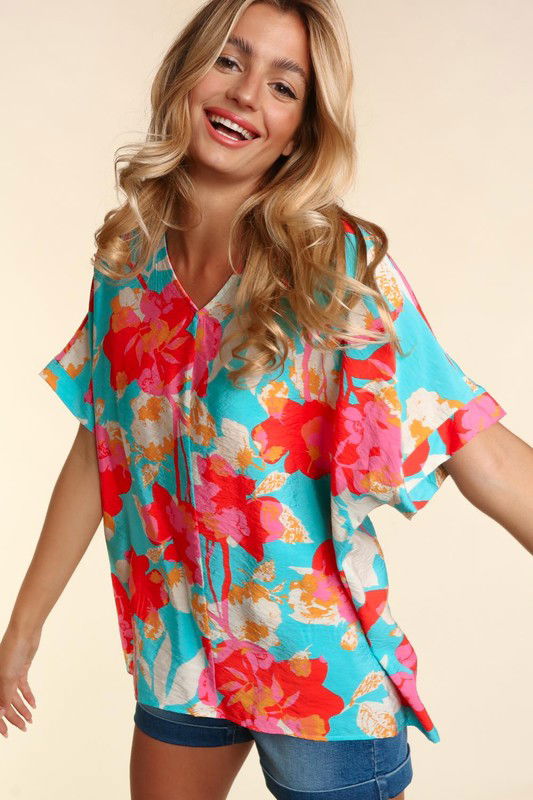 Haptics Plus Drop Shoulder Dolman Banded Floral Woven Top us.meeeshop - 