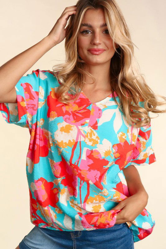 Haptics Plus Drop Shoulder Dolman Banded Floral Woven Top us.meeeshop - 