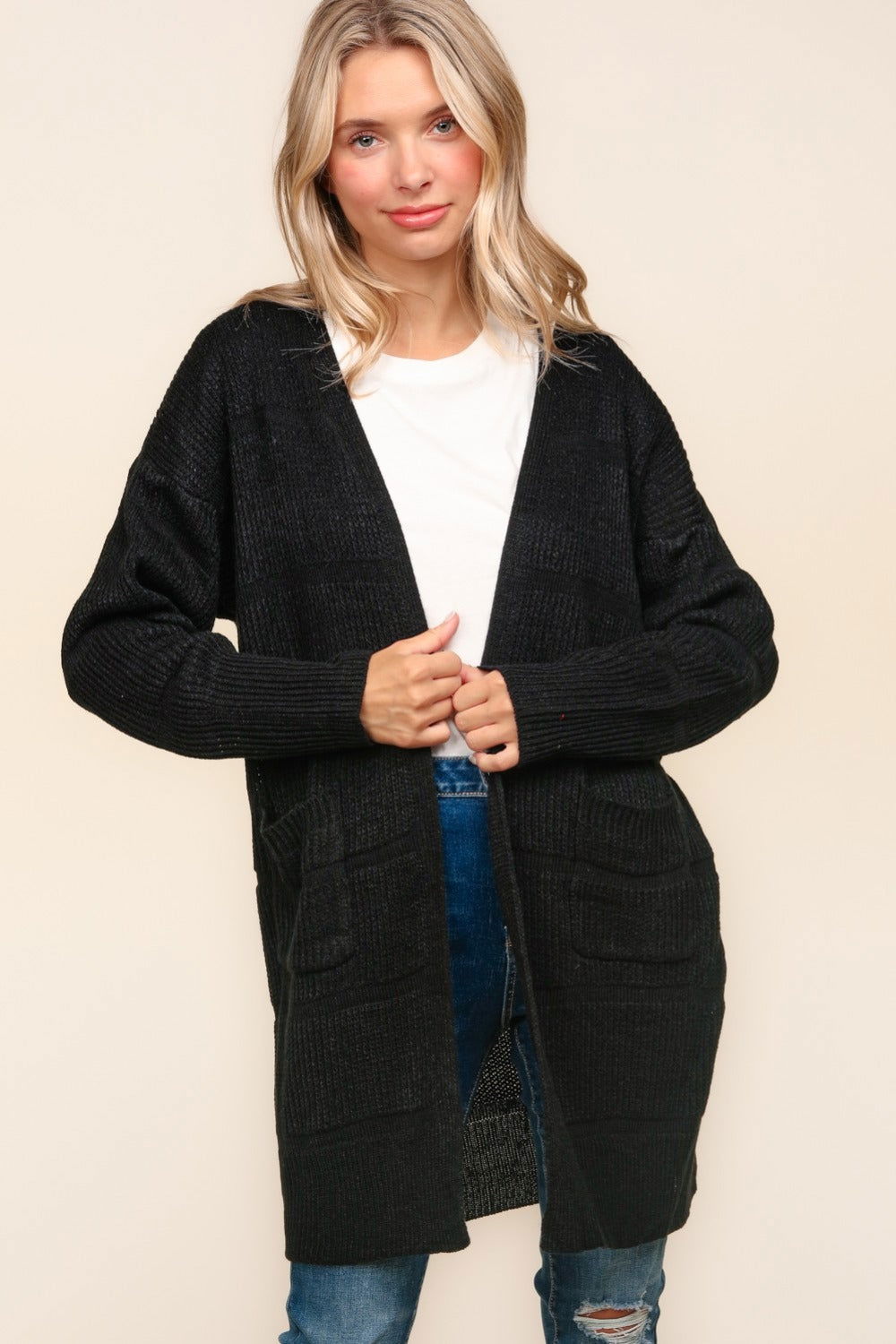 Haptics Stripe Textured Open Front Cardigan with Pockets us.meeeshop - Shirts & Tops