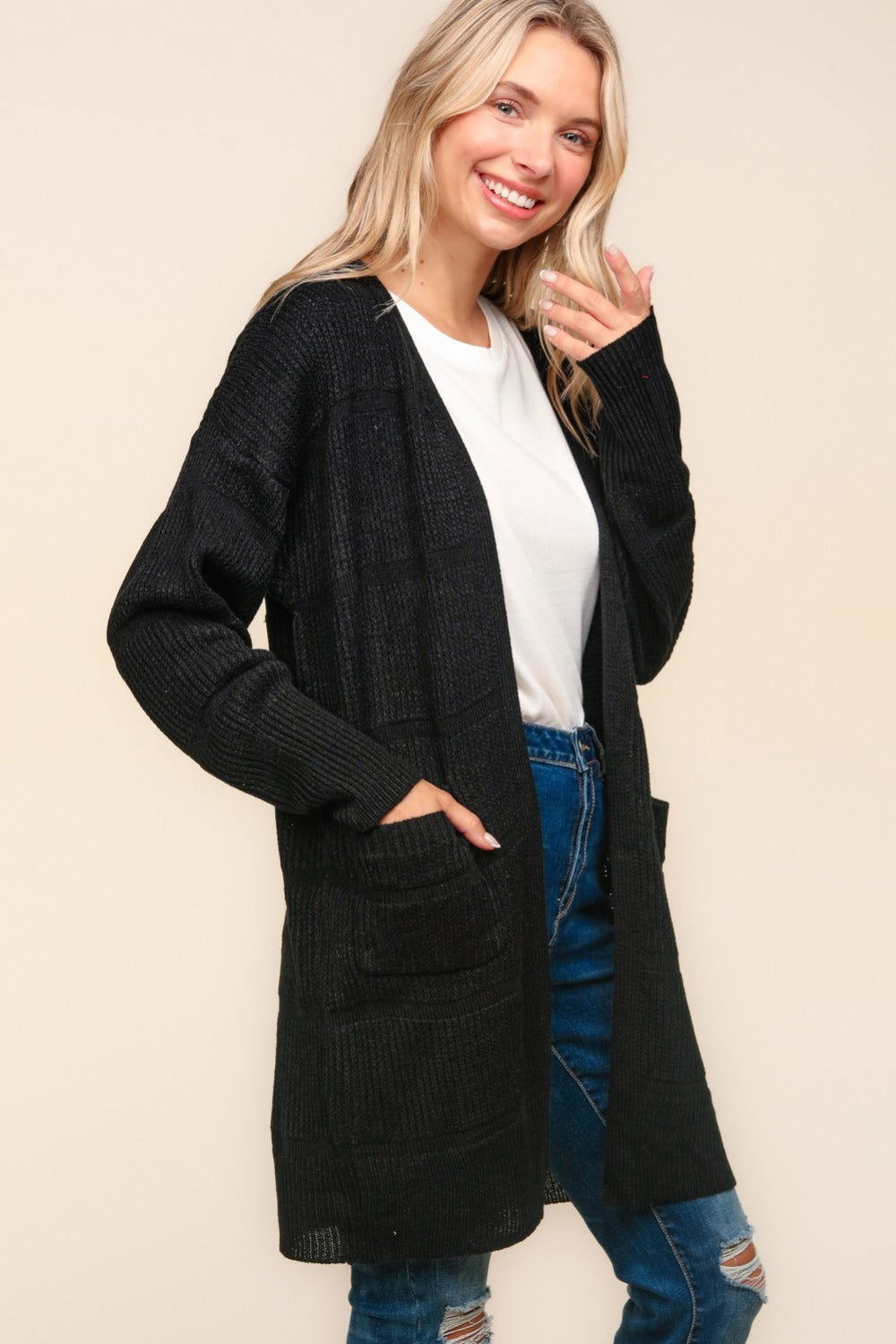 Haptics Stripe Textured Open Front Cardigan with Pockets us.meeeshop - 