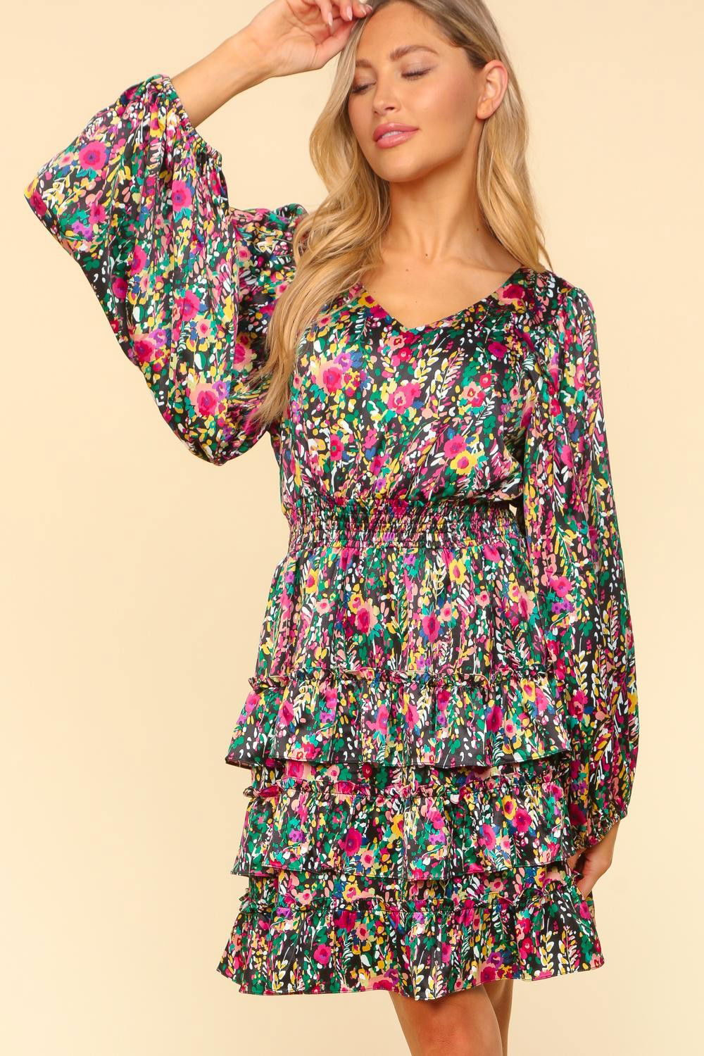 Haptics V-Neck Satin Floral Layered Dress us.meeeshop - 