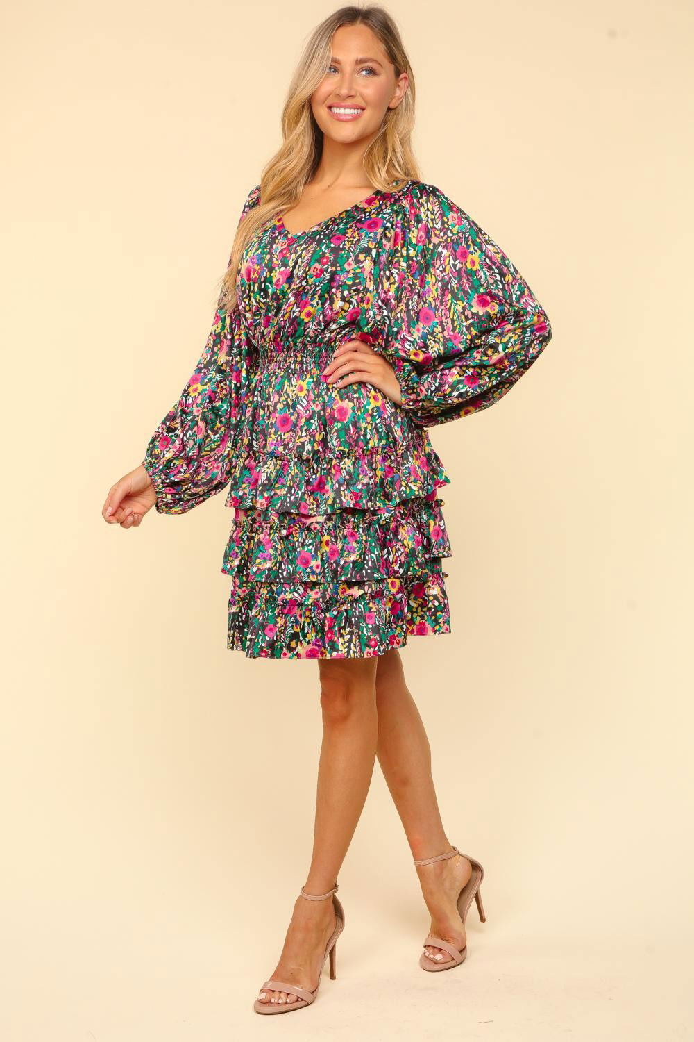 Haptics V-Neck Satin Floral Layered Dress us.meeeshop - 