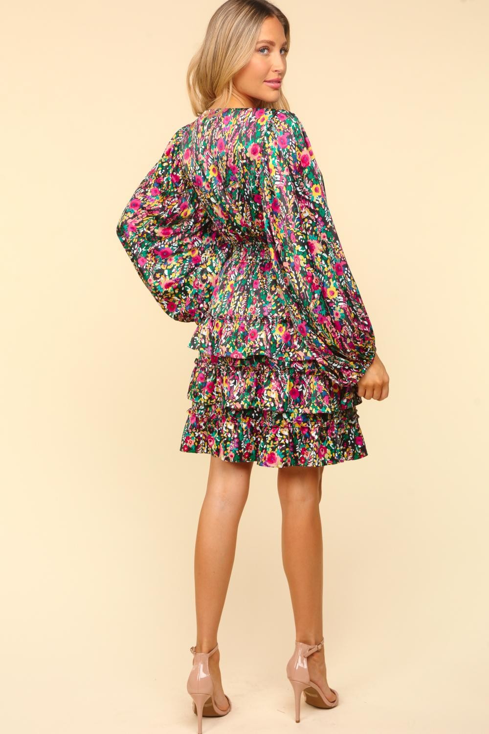 Haptics V-Neck Satin Floral Layered Dress us.meeeshop - 