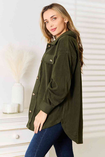 Heimish Cozy Girl Button Down Shacket in Army Green | us.meeeshop