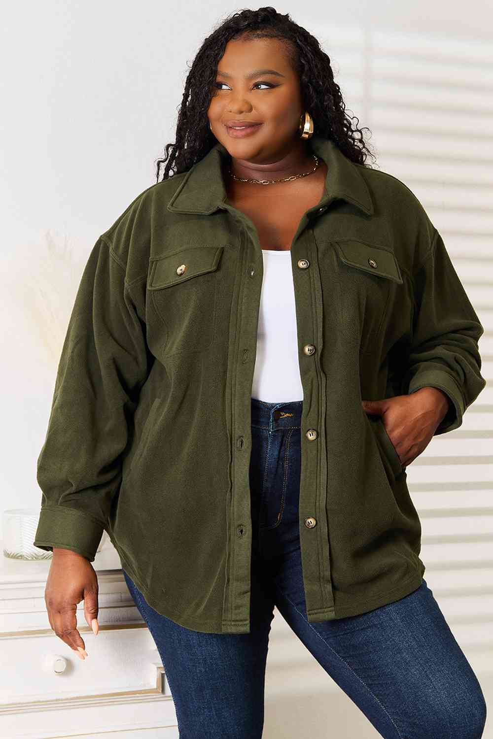 Heimish Cozy Girl Button Down Shacket in Army Green | us.meeeshop